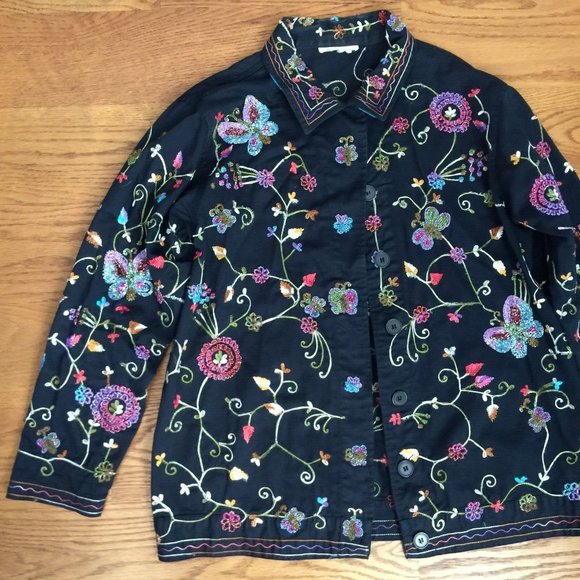 THE QUACKER FACTORY EMBROIDERED FLORAL BEADED JACKET WOMENS M BLACK GLAM BOHO - Picture 2 of 11